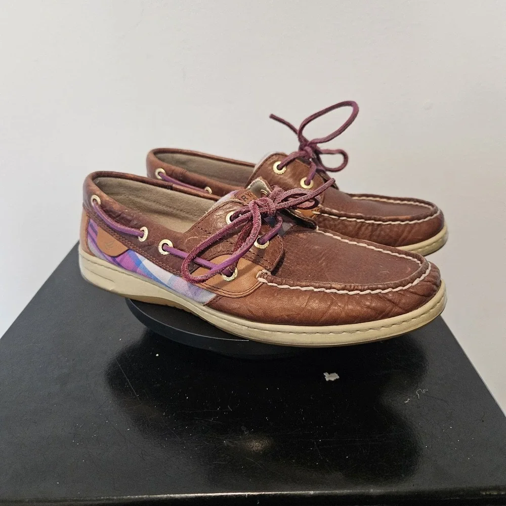 Sperry Top-Sider Brown/Pink Plaid Bluefish Leather Boat Shoe Womens - Size 8M